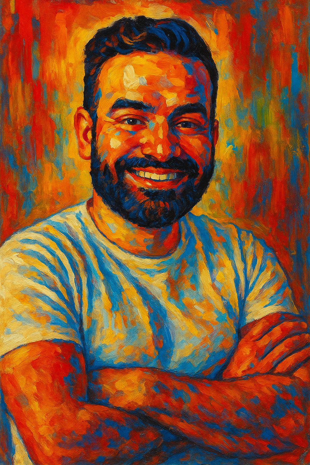 Retrato em estilo pintura a óleo de homem sorrindo com os braços cruzados